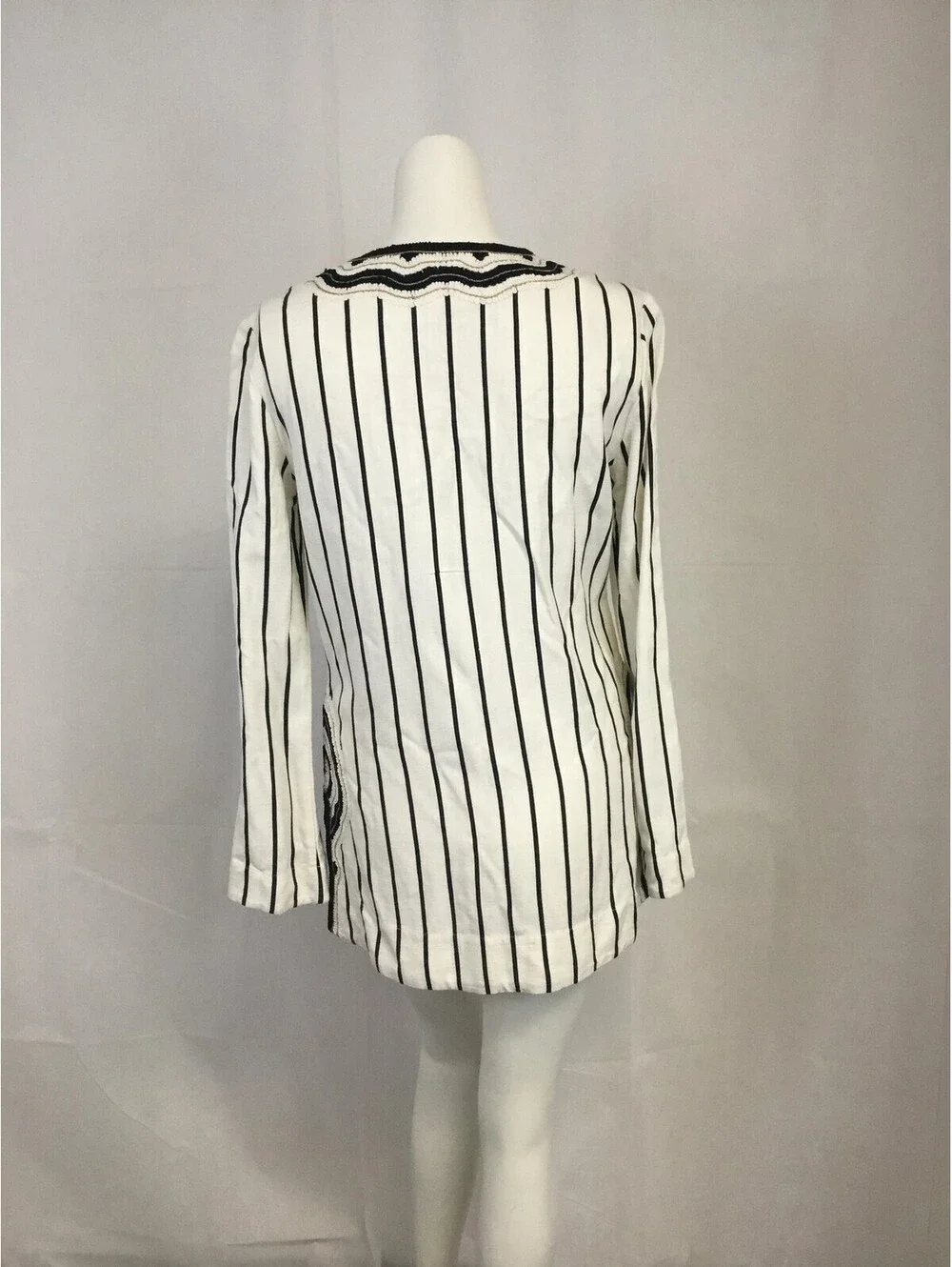 [430] Tory Burch Blouse Womens 4 White Striped Embroidered Tunic Long Sleeve Top